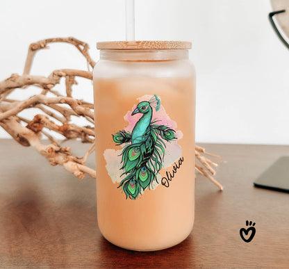 Personalized Name Glass Tumbler with Colorful Peacock Design