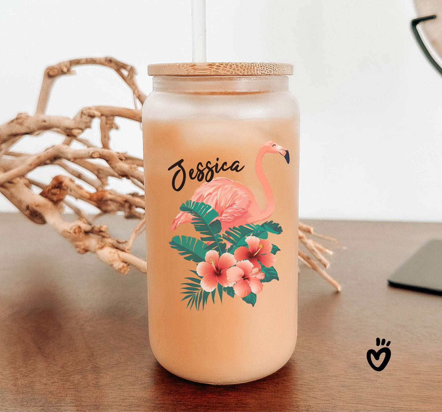 Personalized Name Glass Tumbler with Cute Flamingo Design