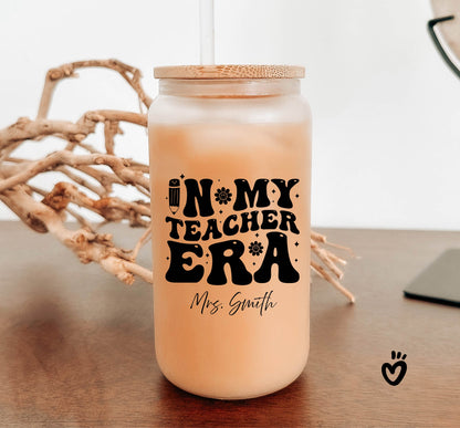 In My Teacher Era Glass Tumbler for Teacher Appreciation Gift for Teacher Back to School Gift Teacher Gift Ice Coffee Cup Glass Cup with Lid