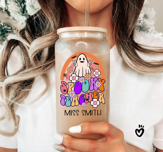 Personalized Halloween Teacher Glass Tumbler, Spooky Teacher Cup, Trick or Teach, Retro Halloween Ghost Teacher Gift, Custom Name Glass