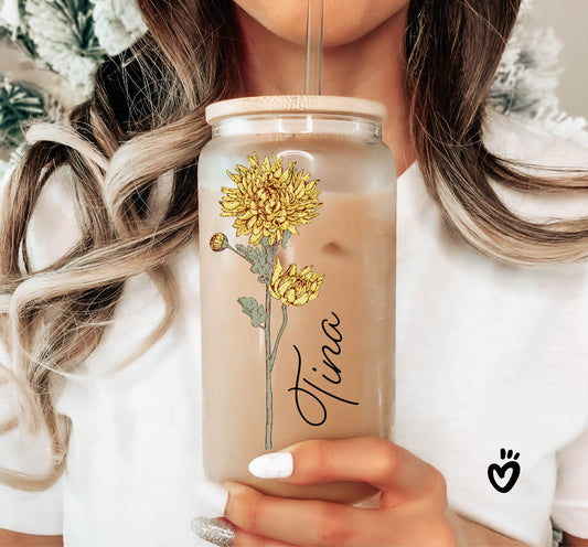 Personalized Birth Flower Glass Tumbler - Custom Name Design Beer Glass