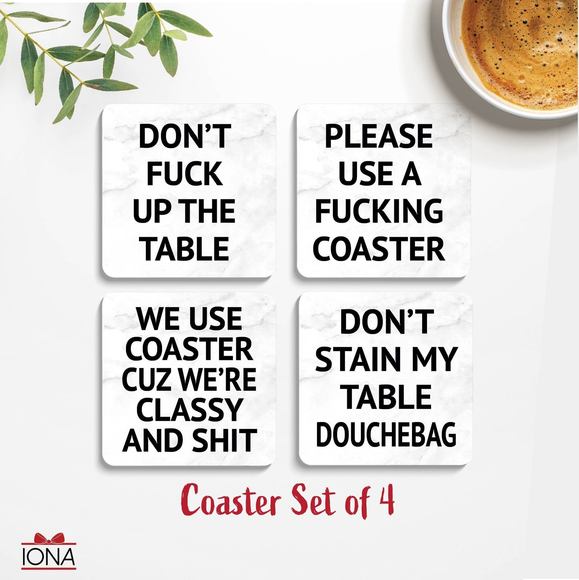 Coasters Set of 4, Funny Sarcastic Drink Coasters Set, Marble Style Drink Coaster with 4 Sayings for Wooden Table, Bar, Housewarming Gifts