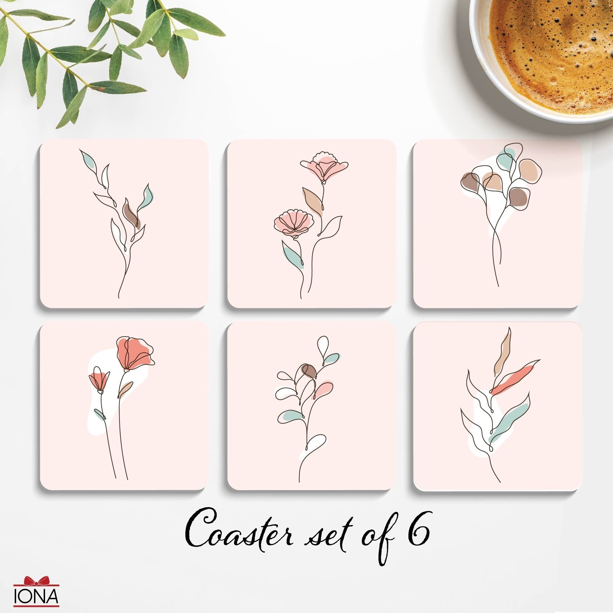 Coasters Set of 6, Drink Coasters Set, Abstract Flower Art Coasters, Housewarming Gift, Cups and Glasses-Protection Any Table and Countertop