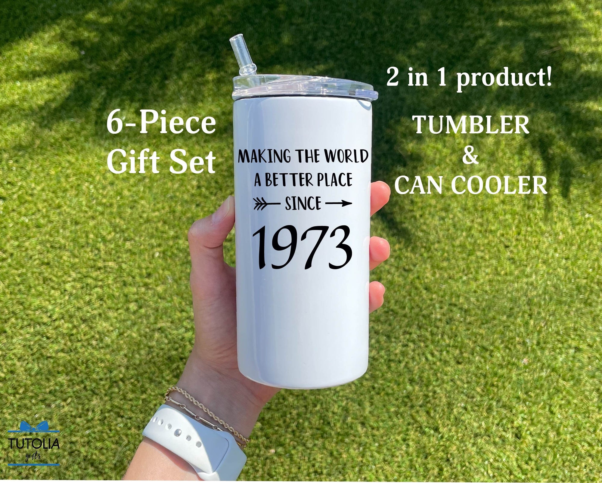 Making the world a better place since 1973, 50th Birthday Gifts, 12 oz Slim/Thick duozie, gifts for women men Can cooler tumbler, Christmas