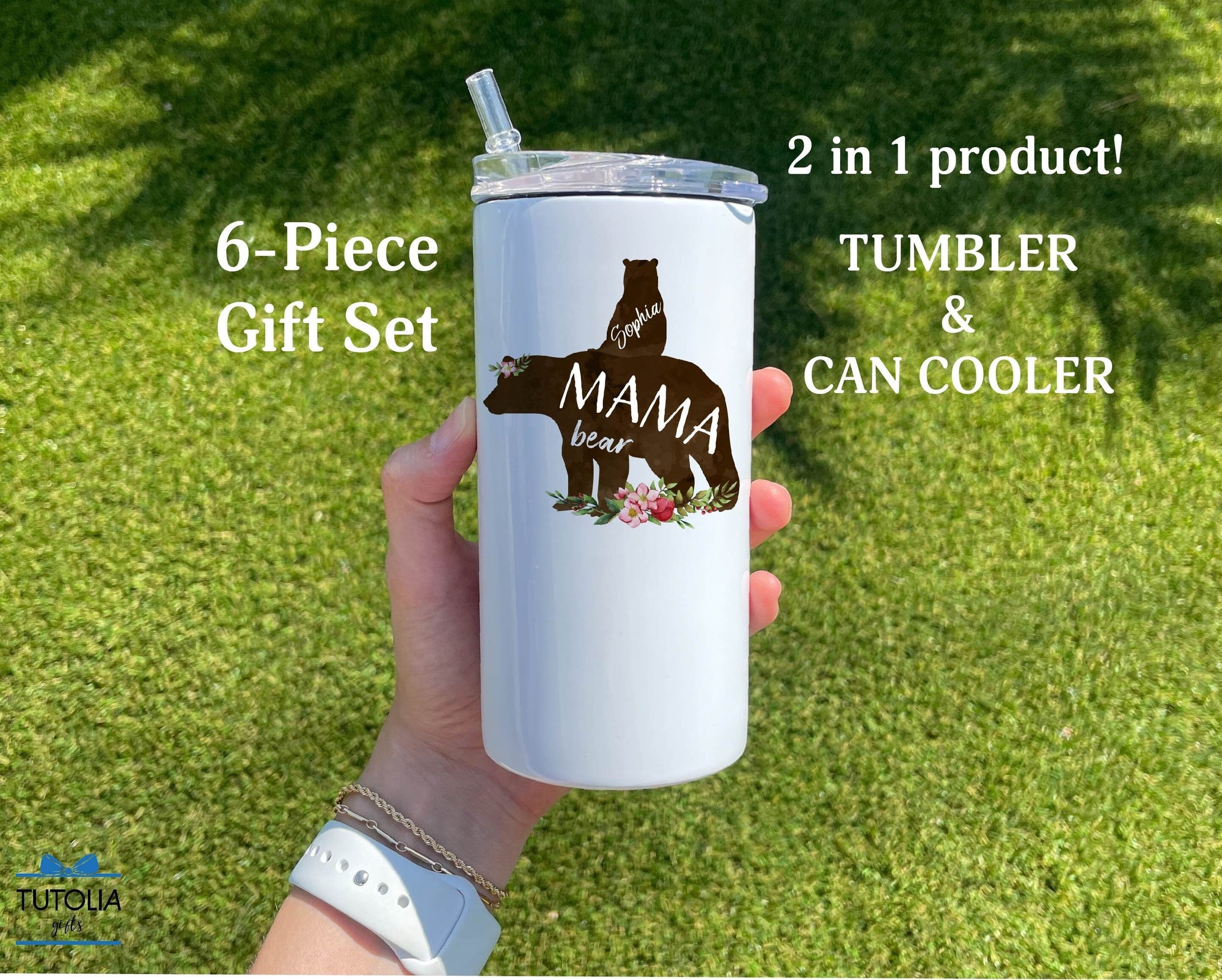 Mama Bear Gift Set, Personalized Mama Bear with Cubs duozie, New Mama Birthday Can Cooler Tumbler, Mama Present Set, 12 oz tumbler for Women