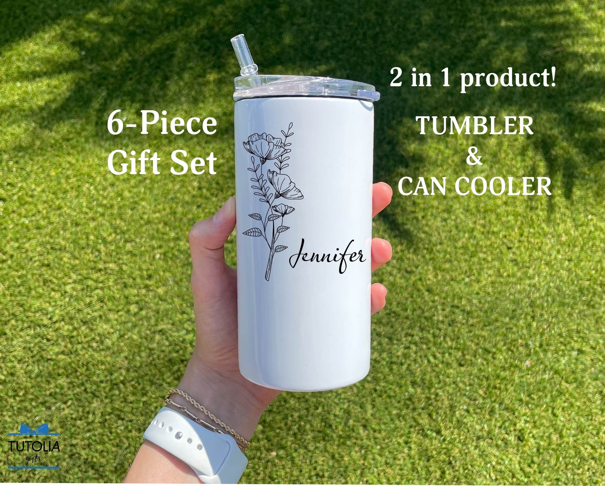 Personalized Name Tumbler for Women & Girls, Custom Name duozie, Name Can Cooler Floral Design, Flower Gift for Her, Tumbler With Name