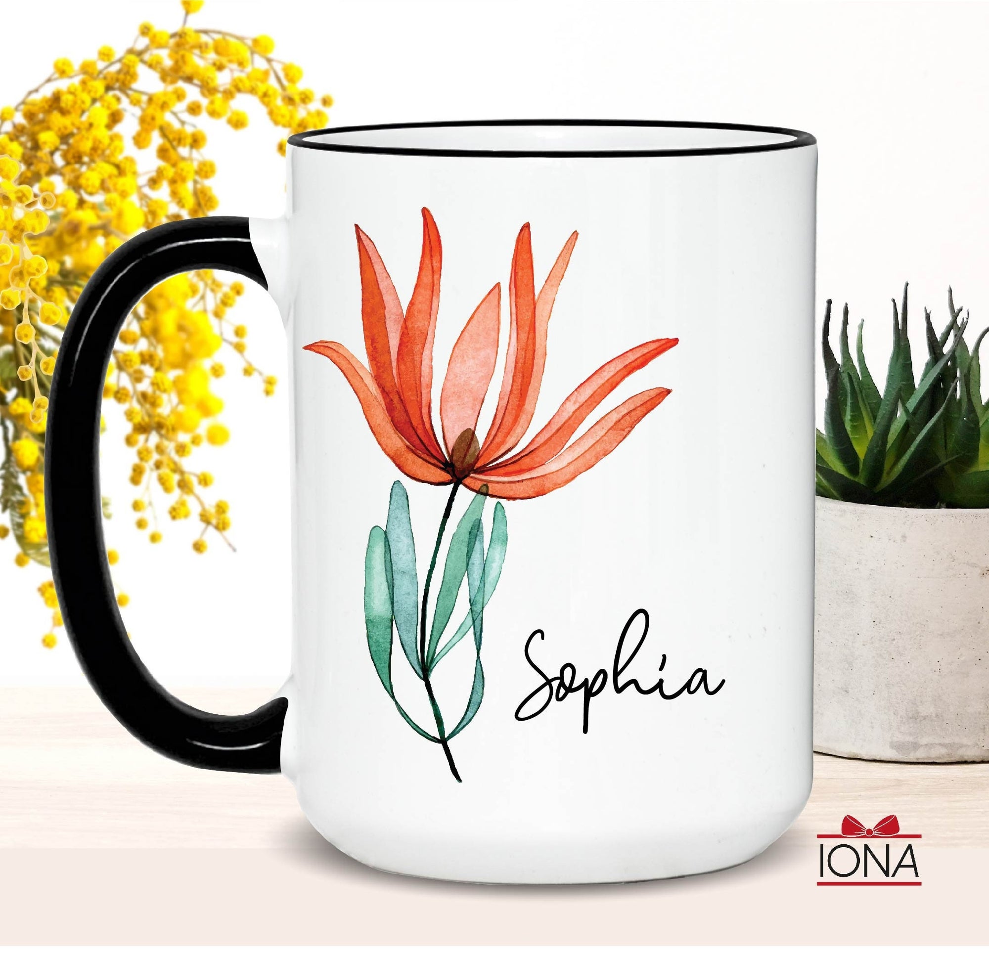 Protea Name Mug, Gift for Women, Custom Name Coffee Mug, Name Cup Orange Floral Design, Personalized Gift for Her, Mug With Name for Girls