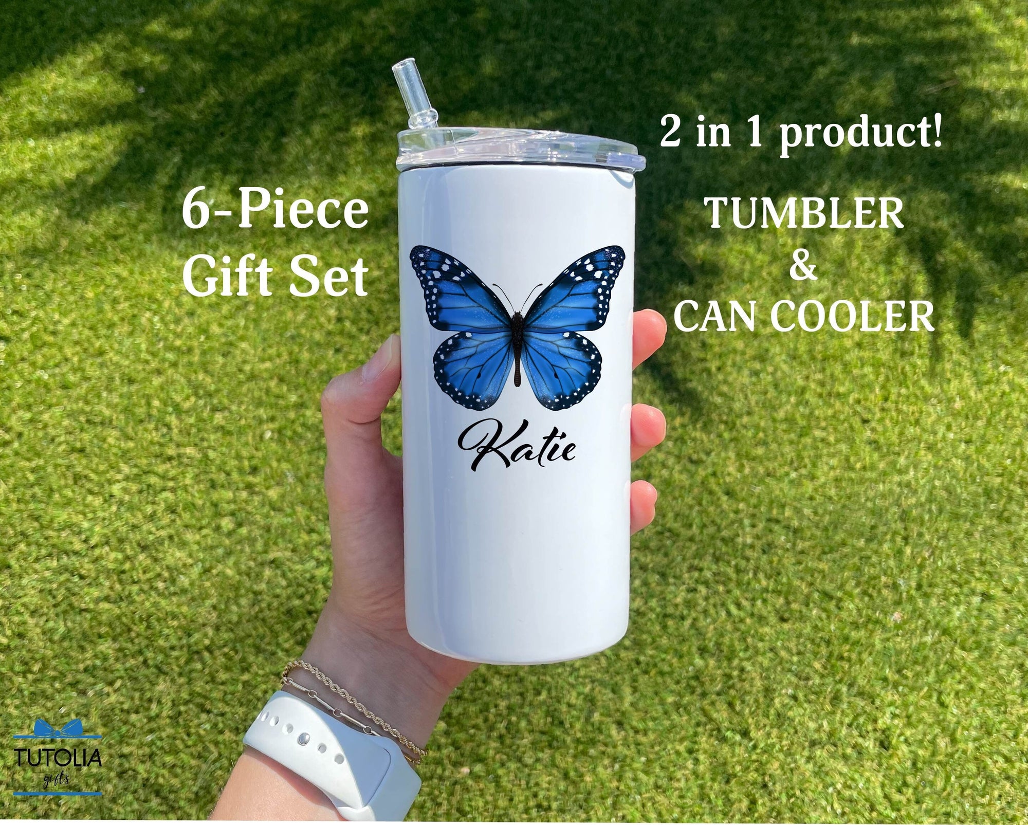 Personalized Blue Butterfly Name Tumbler for Women & Girls, Custom Name 12 oz duozie, Can Cooler Butterfly lover gifts, Tumbler With Name