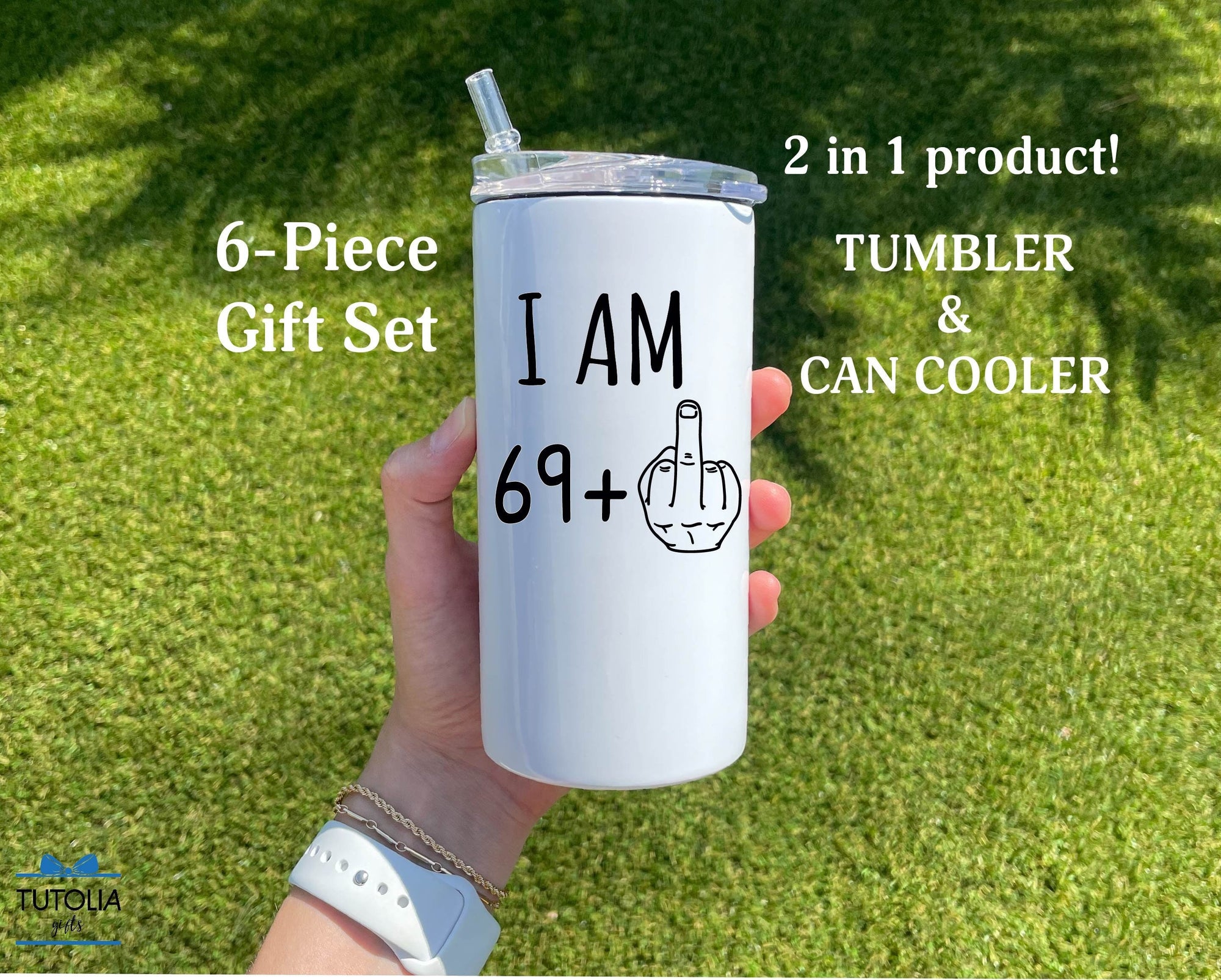 70th Birthday Gift, 70th Birthday 12 oz Slim/Thick duozie, I am 69 + middle finger, 70th Gifts, gifts for women Can cooler tumbler,Christmas