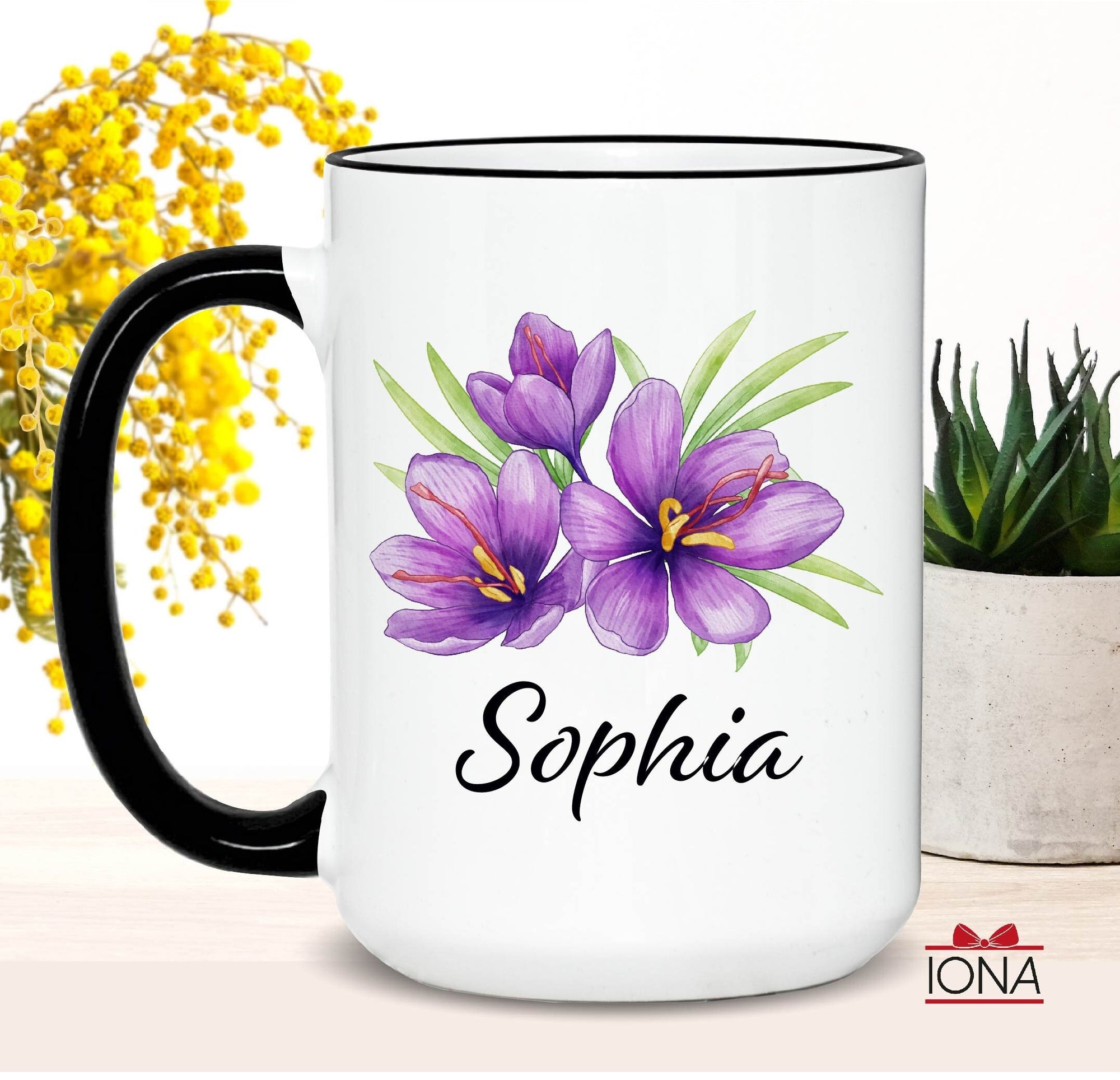 Crocus Name Mug, Gift for Women, Custom Name Coffee Mug, Name Cup Purple Floral Design, Personalized Gift for Her, Saffron Iris Flowers Gift
