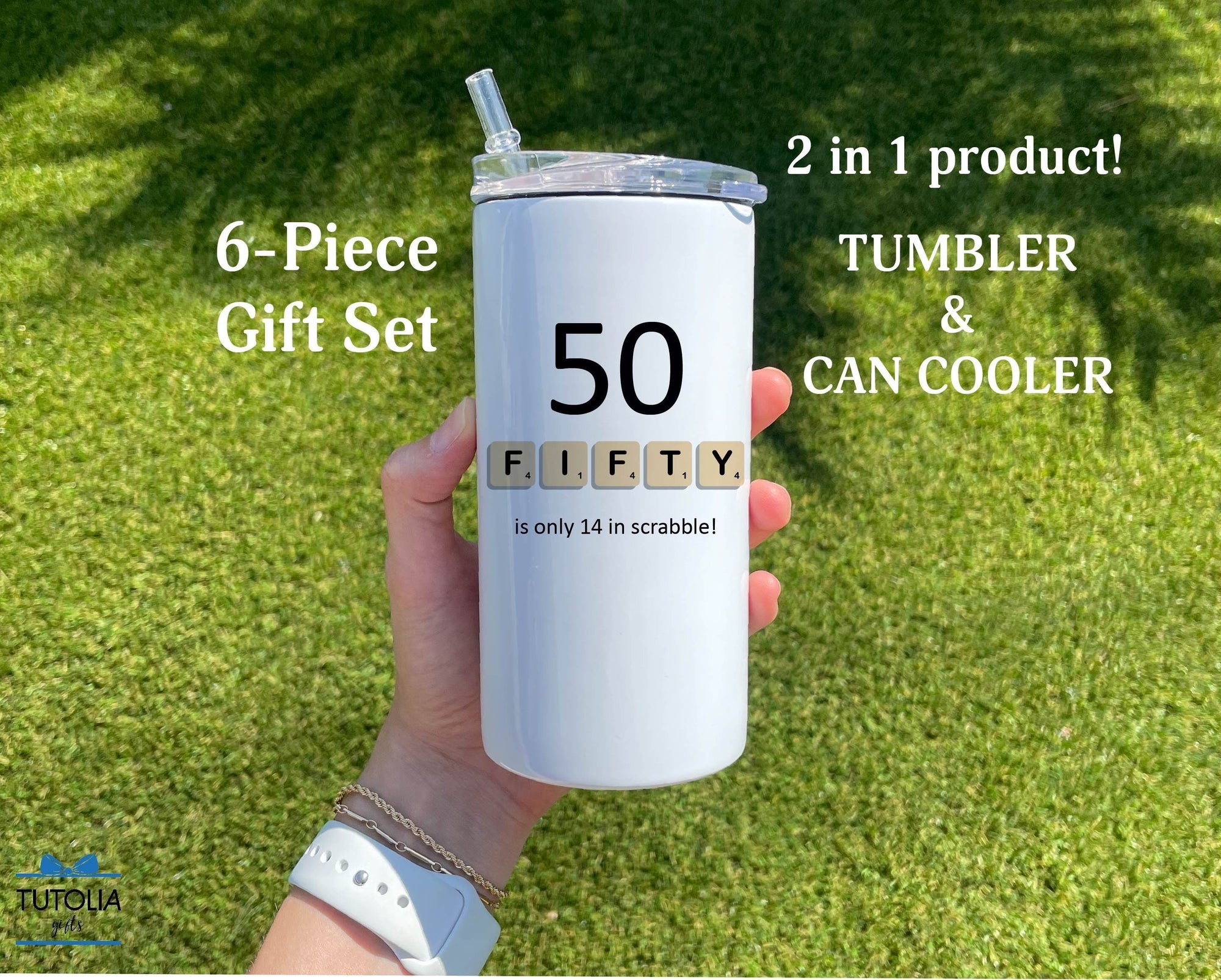 50 is only 14 in scrabble, 50th Birthday Gift, Born in 1974, 12 oz Slim/Thick duozie, gifts for women men Can cooler tumbler, Christmas Gift