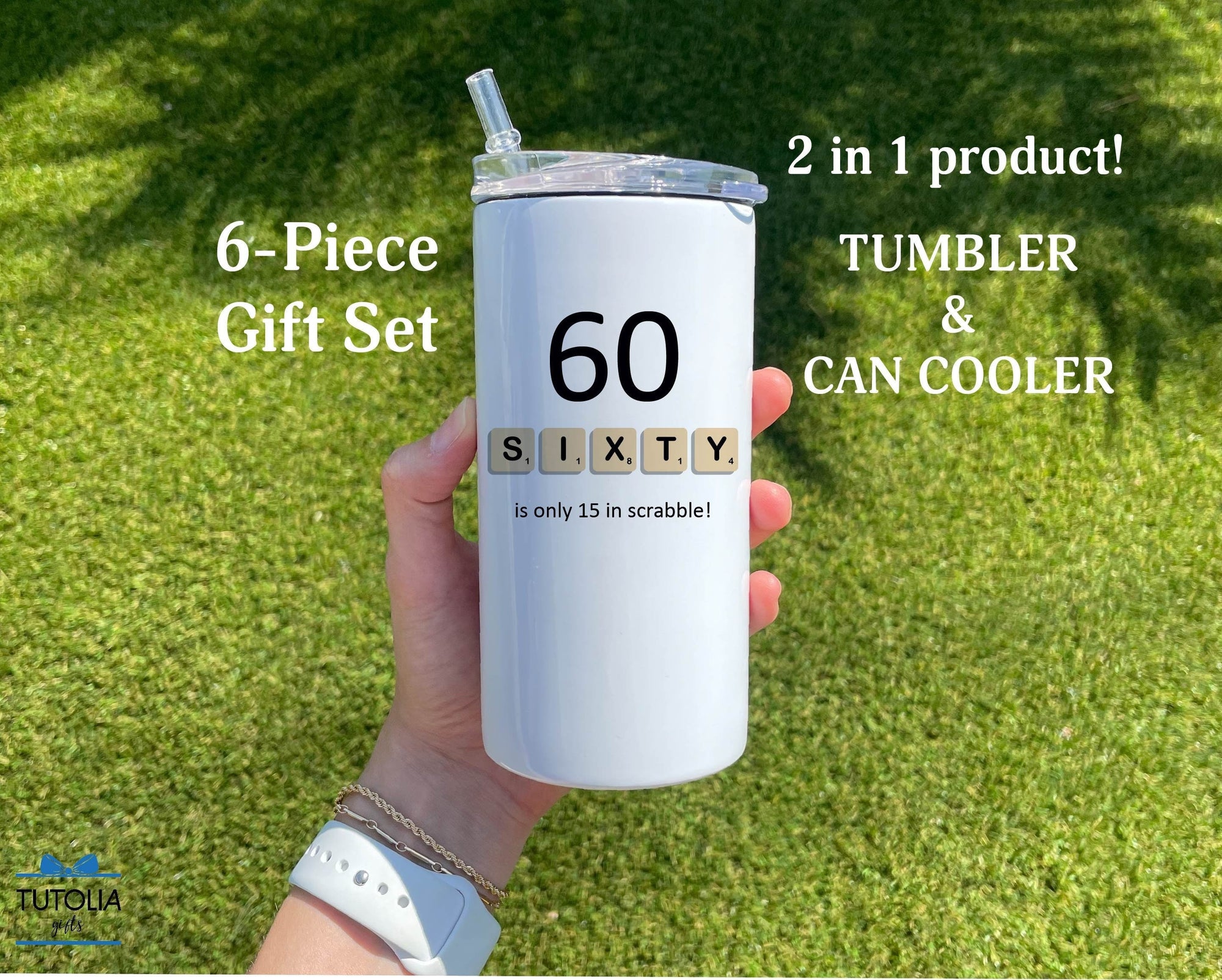 60th Birthday Gift, 60th Birthday 12 oz Slim/Thick duozie, 60 is only 15 in scrabble, 60th Gifts, gift for men Christmas Can cooler tumbler