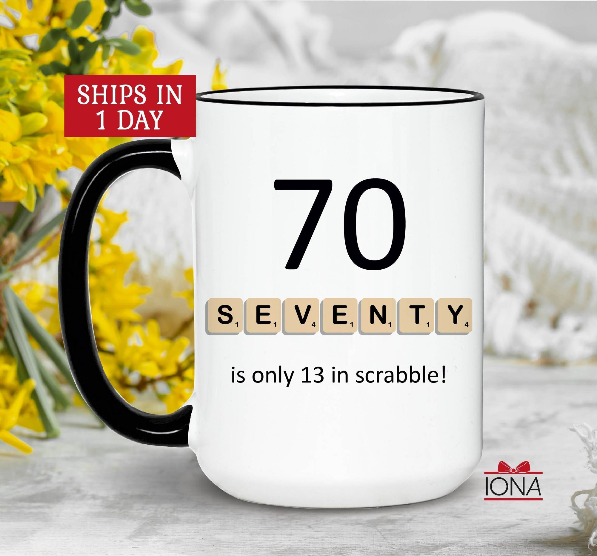 Funny 70th Birthday Gift, Grandma Grandpa Coffee Mug, Unique 20s Milestone Gift, 70 is only 13 in scrabble!, Christmas Present Idea for Nana