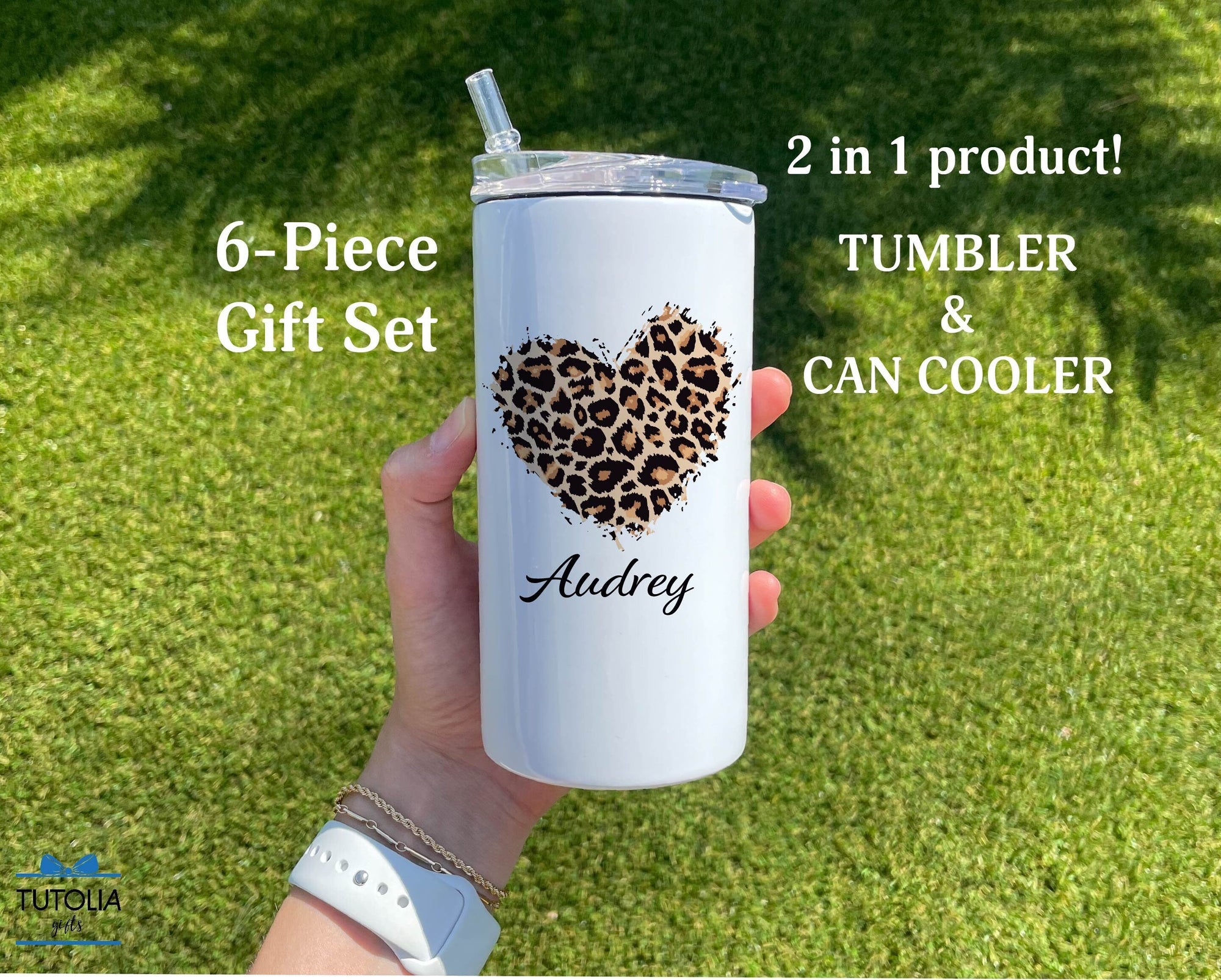Personalized Leopard Name Tumbler for Women & Girls, Custom Name 12 oz duozie, Name Can Cooler Heart Leopard lover gifts, Name Tumbler
