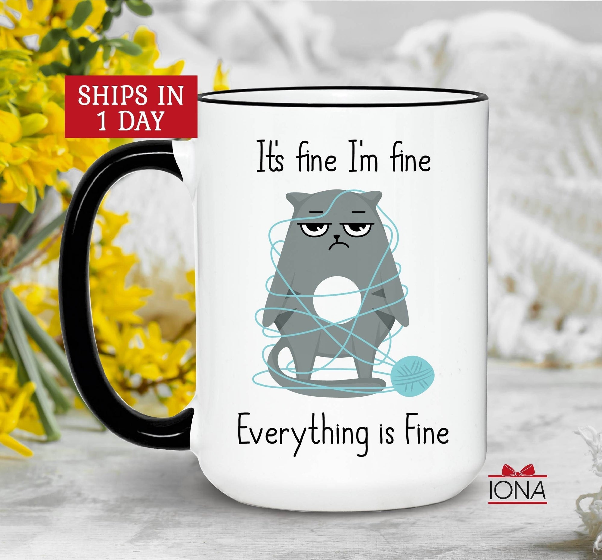 Funny It's Fine I'm Fine Everything is Fine Mug, Coffee Mug, Hot Chocolate Grumpy cat tangled in wool Yarn knitting and crochet