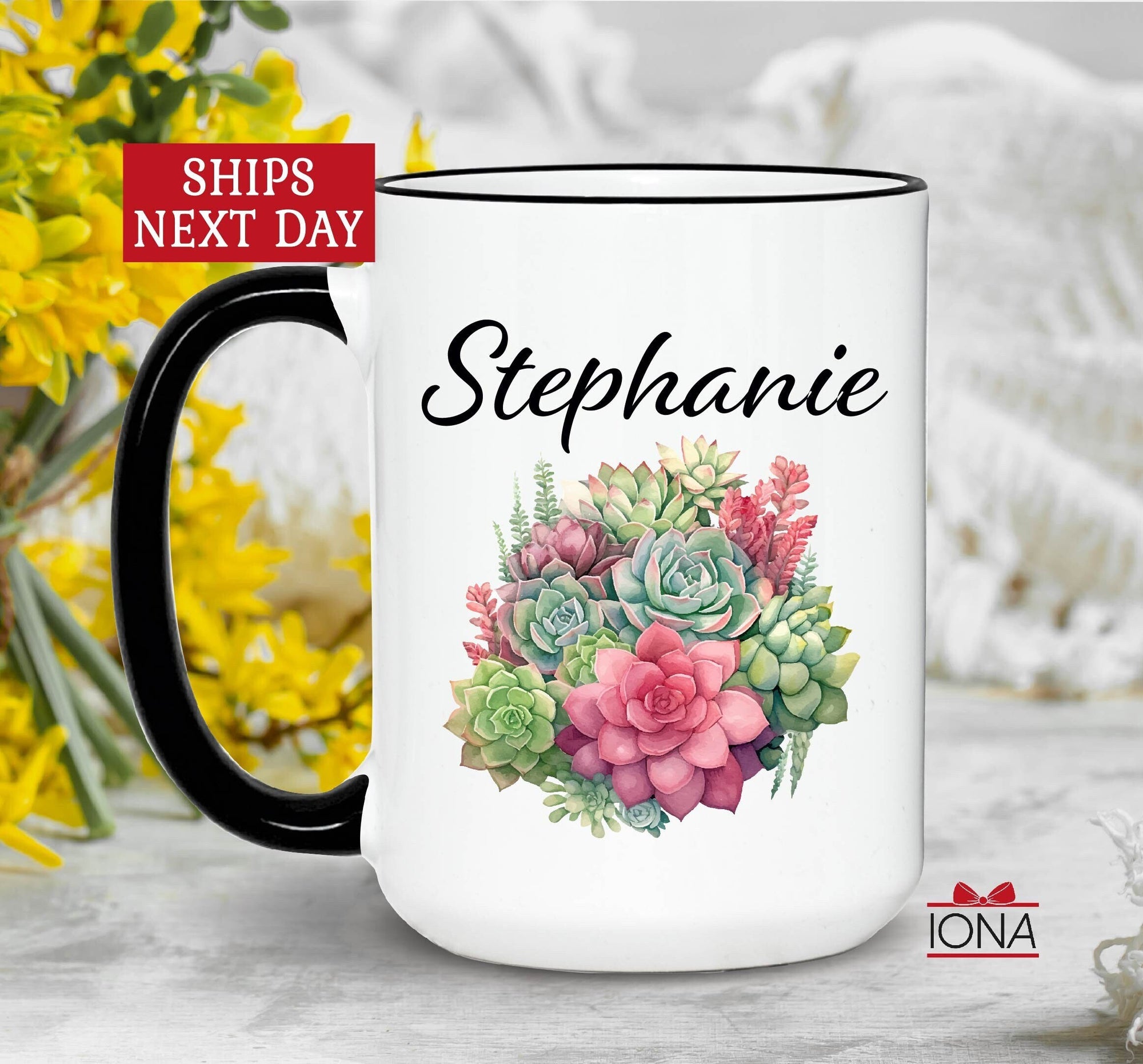 Personalized Name Mug, Succulent Cactus Mug, Floral bouquet Coffee Mug, Cute Cactus Cup, Plant Lover Mug, Succulent Lover Gift, Name Tea Cup