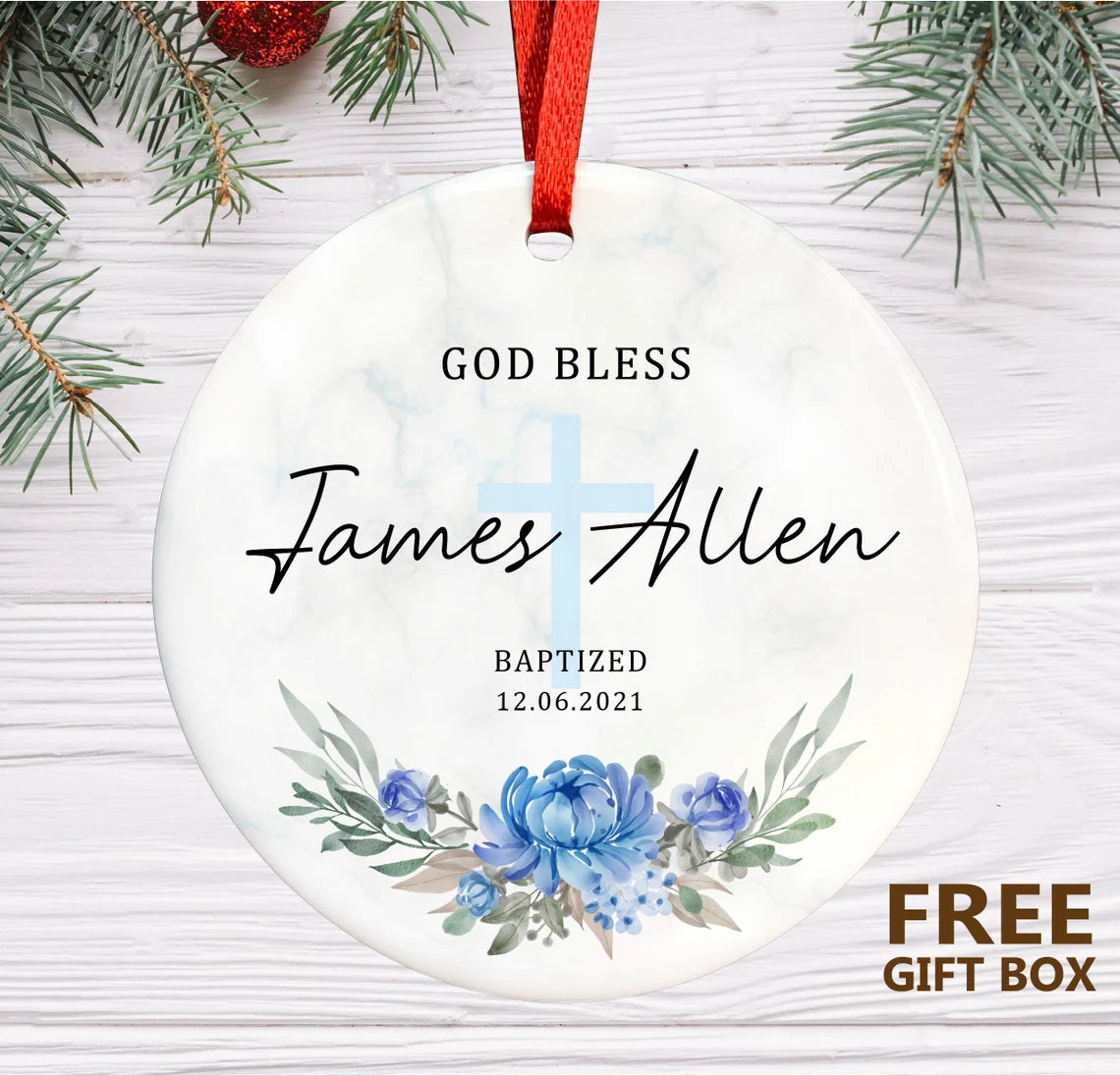 Personalized Christening Ornament - Custom Boy Baptism Gift – Blue Flower Ornament