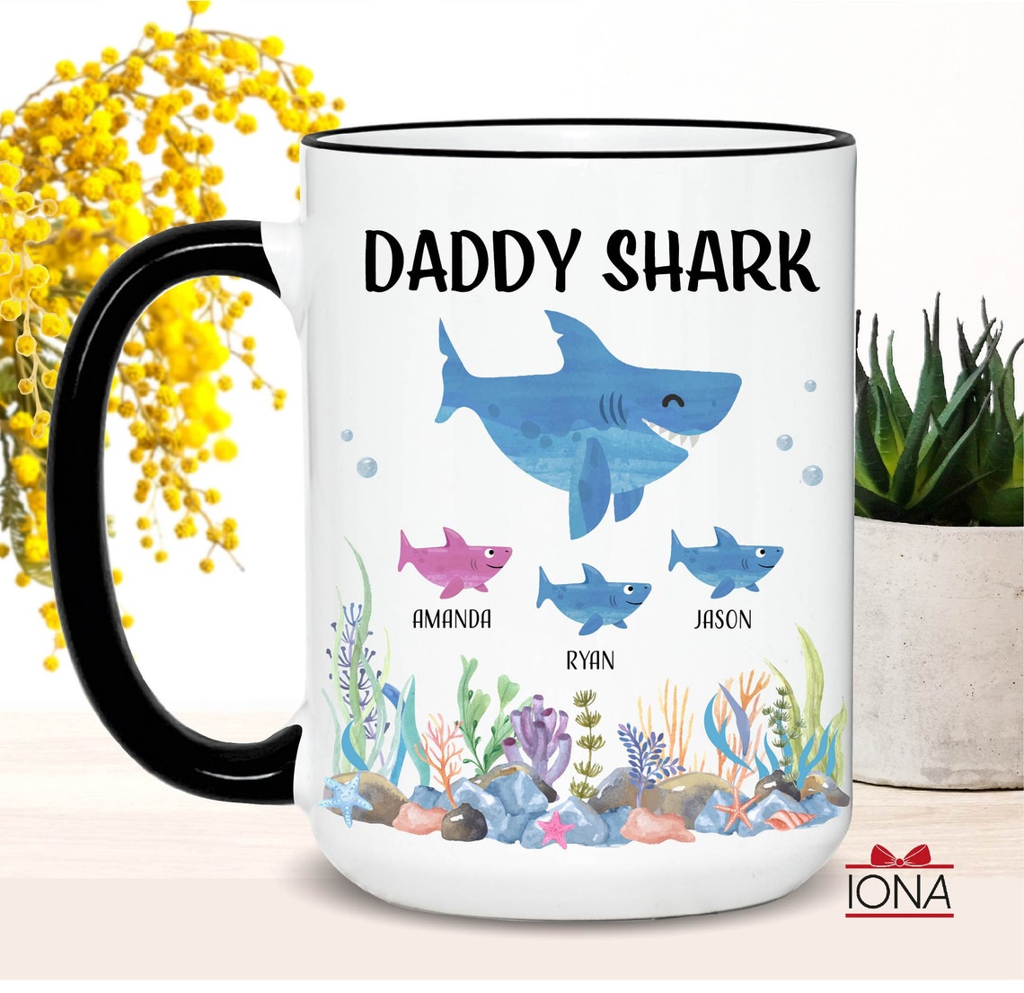 Daddy Shark Gift - Personalized Gift for Dad for Father’s Day - Dad Birthday Gift Tea Cup- Custom Dad Mug - Best Dad Coffee Mug