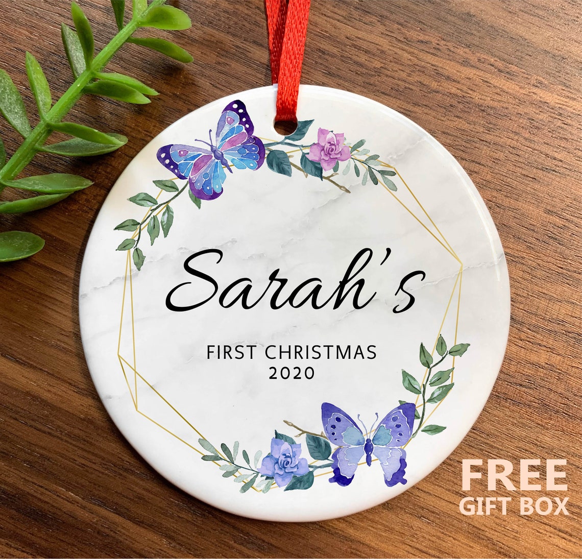 Personalized Baby's First Christmas Ornament – Purple Butterfly Ornament–Custom Baby Name Gift Ideas