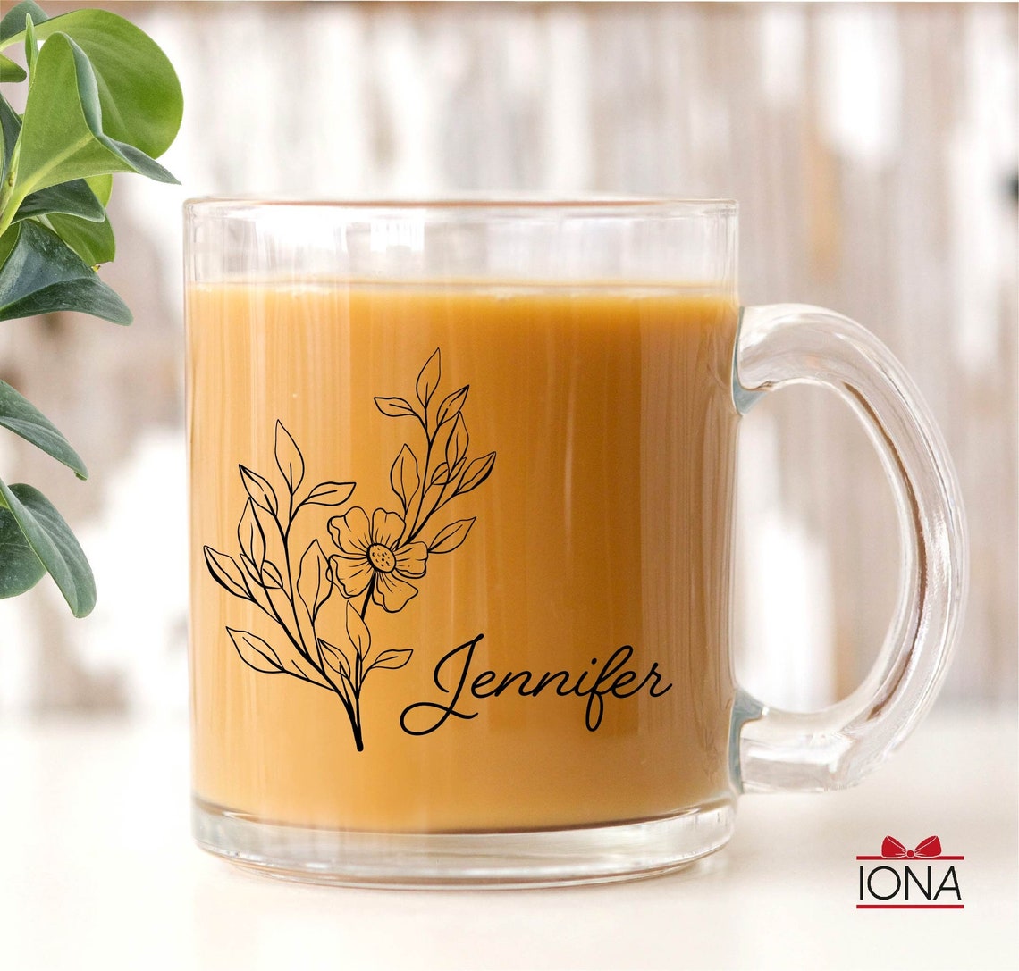 Personalized Name Glass Coffee Mug – Custom Flower Gift for Women – Latte Cup with Name