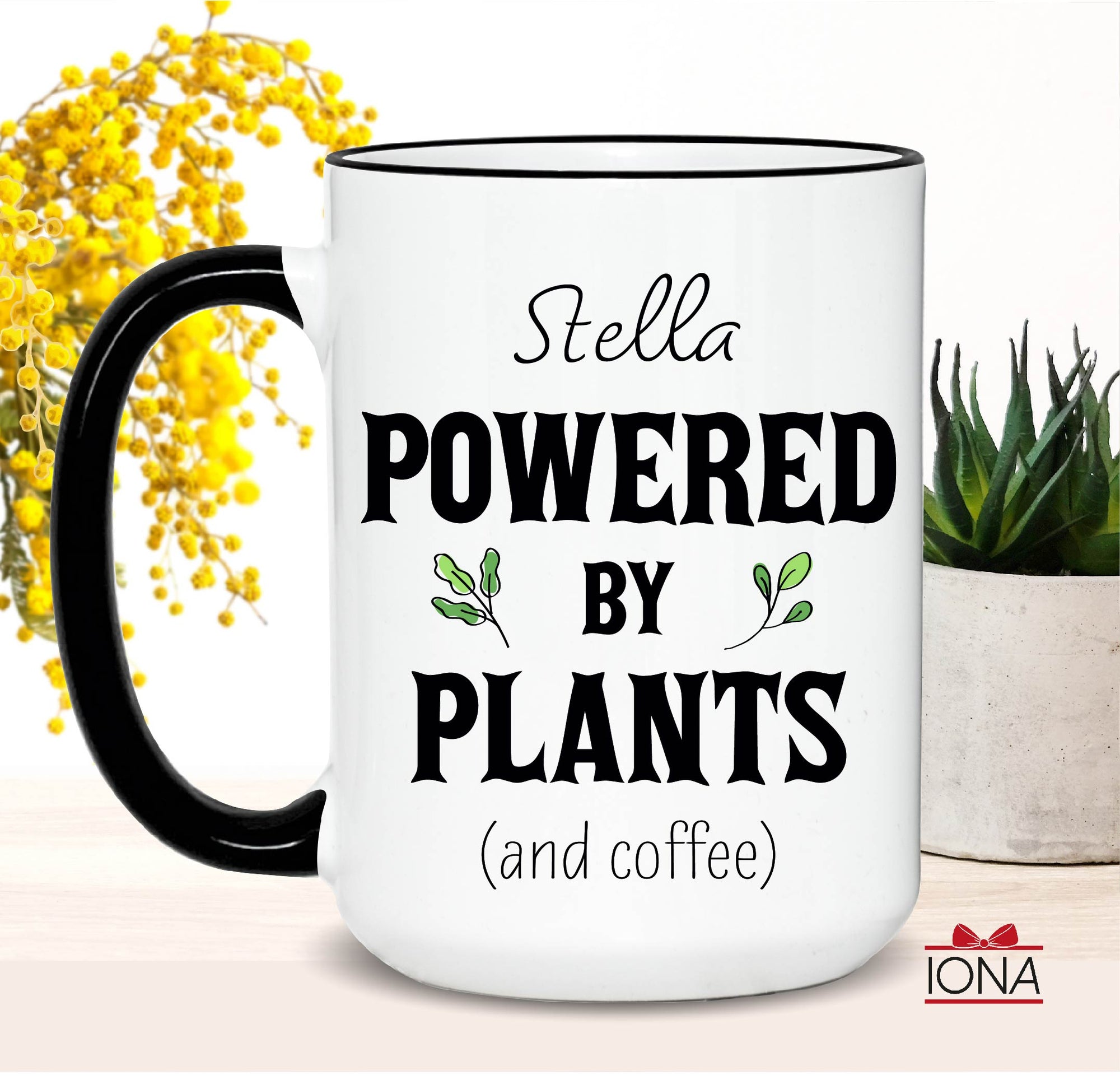 Personalized Powered by Plants and Coffee Mug – Custom Funny Vegetarian Gift for Women Men – Vegan Tea Cup with Name