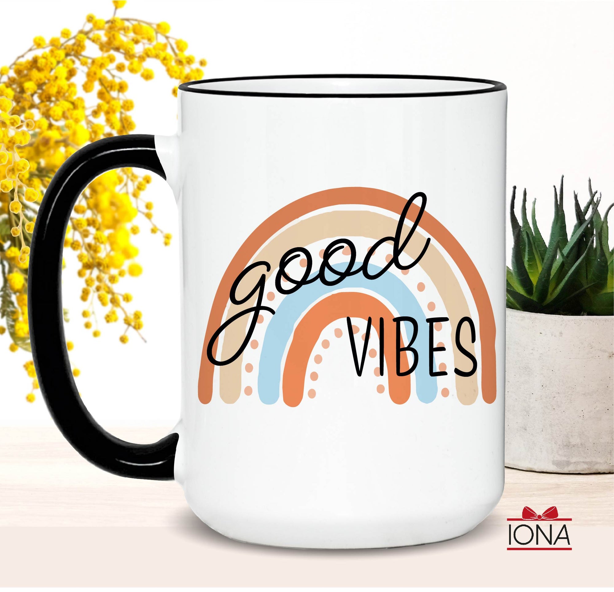 Good Vibes Morning Coffee Cup - Rainbow Positivity, Inspirational Gift